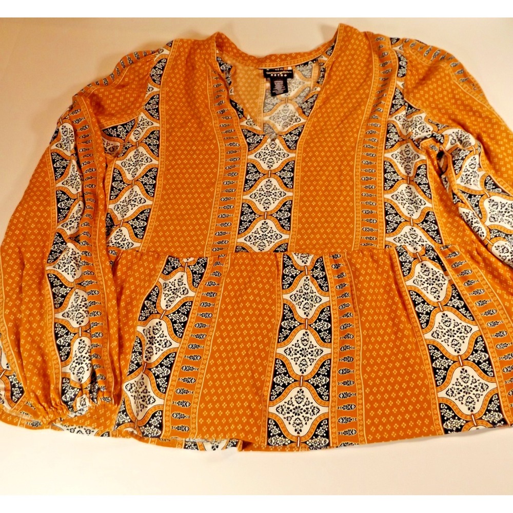 WRANGLER RETRO WOMEN'S SPLIT NECK PEPLUM PRINT MUSTARD PEASANT TOP Sz Large